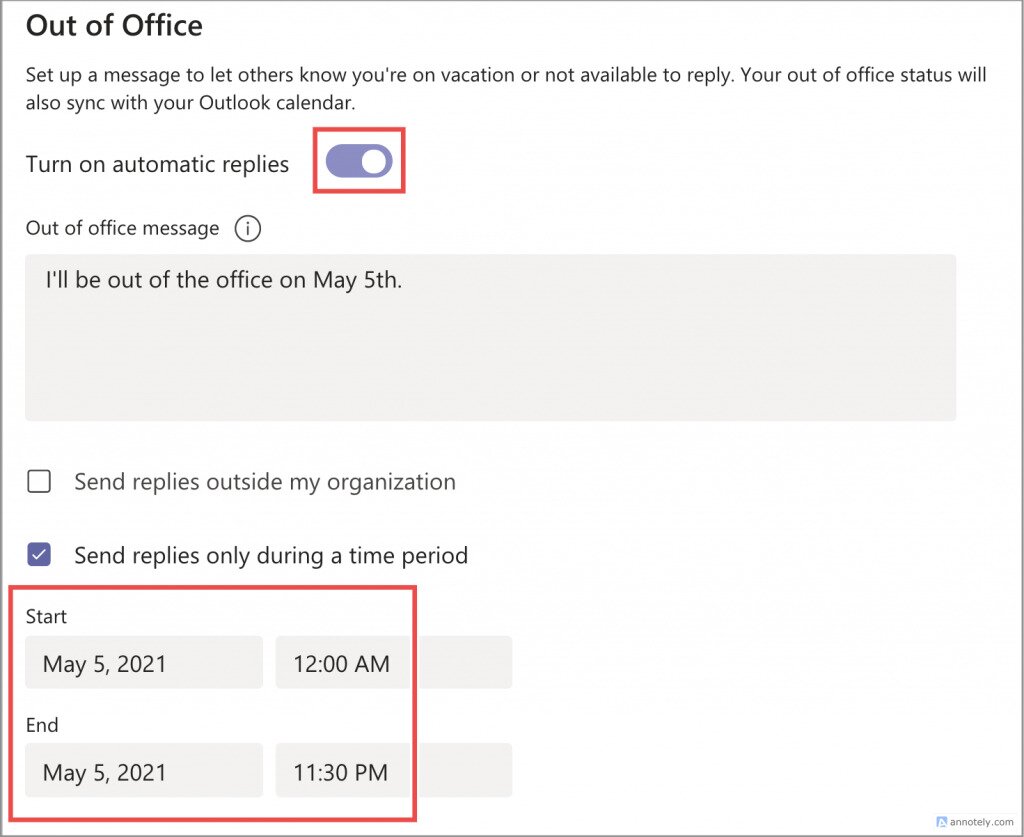 The 'Turn on automatic replies' toggle switched on in Teams' out of office area