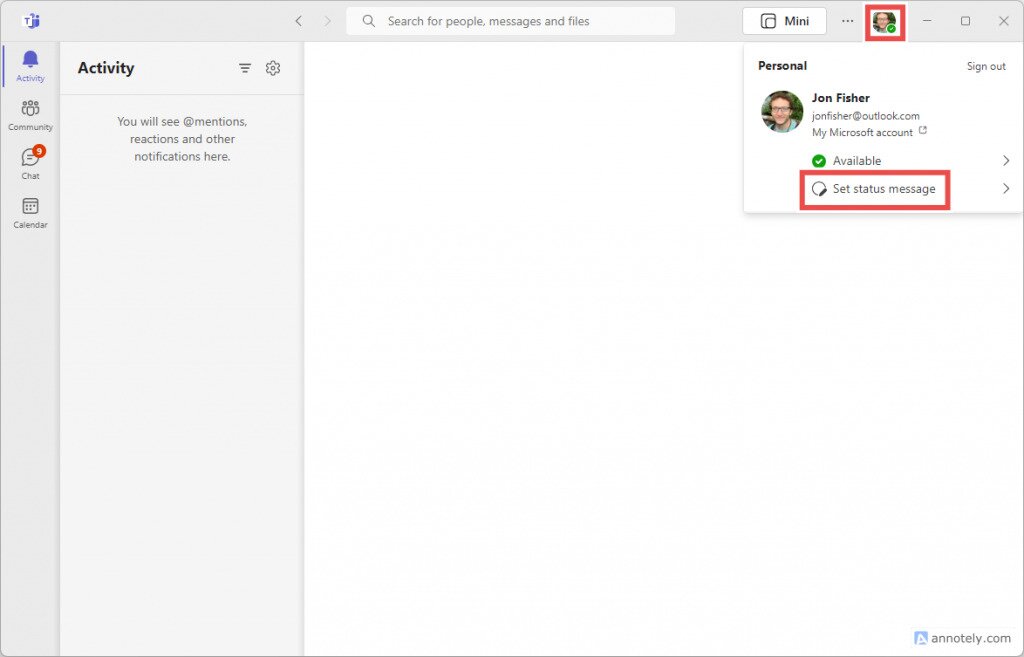 The Set Status Message link in Microsoft Teams