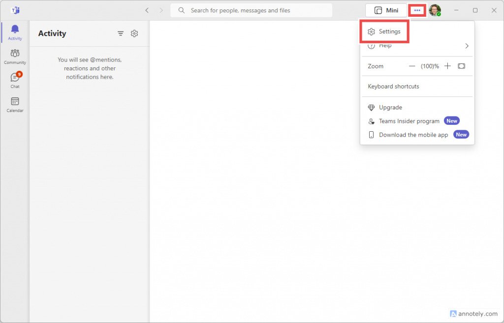 The settings menu in Microsoft Teams
