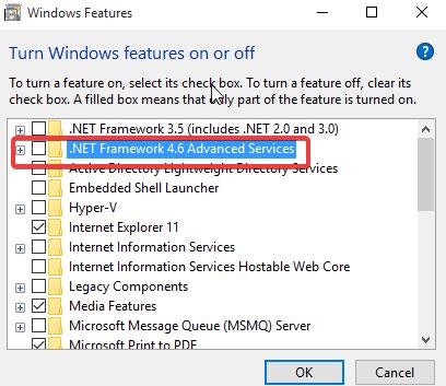 Deseleziona .NET Framework 4.6