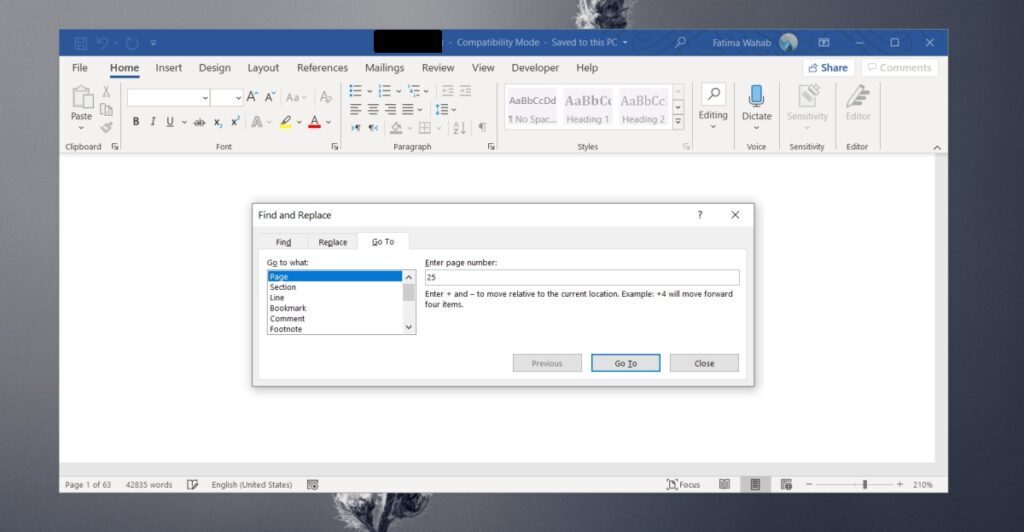 how to jump to a page in microsoft word