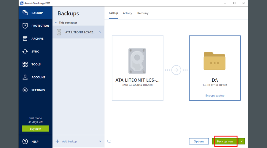 Acronis True Image 2021 выделяет кнопку «Создать резервную копию»