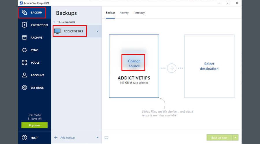 Acronis True Image 2021 показывает раздел Резервное копирование