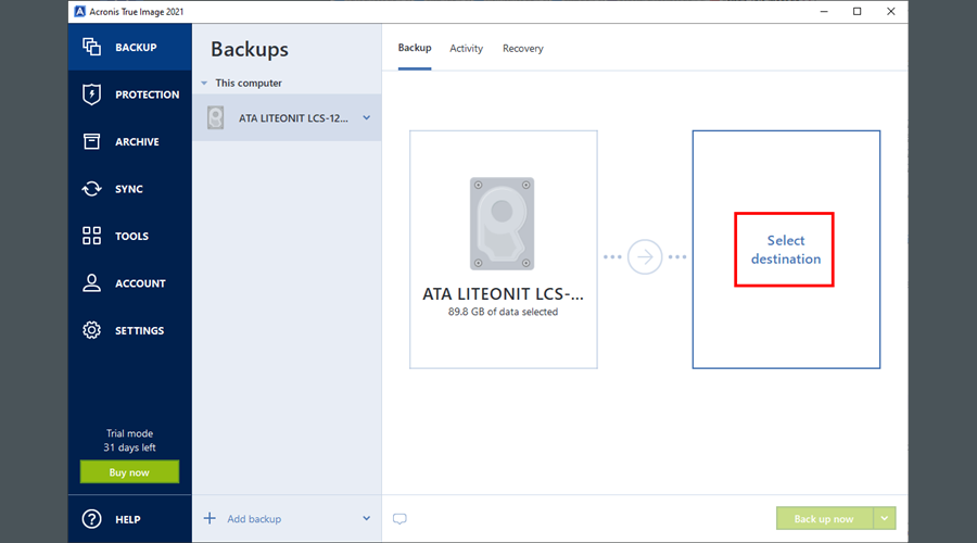 Acronis True Image 2021 показывает, как выбрать место для резервного копирования