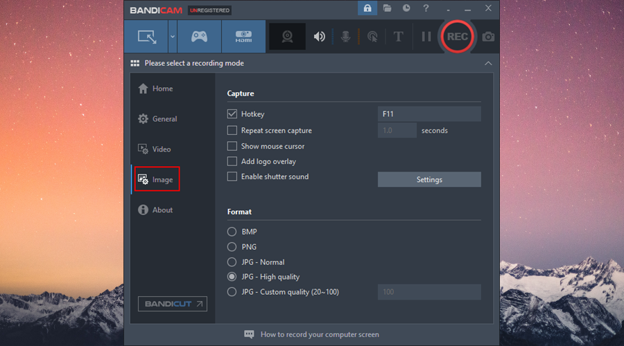 Bandicam shows the image settings