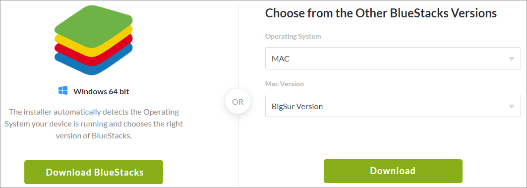 The BlueStacks download page
