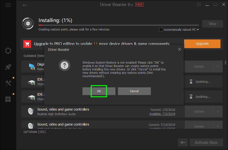 Driver Booster предлагает создать точку восстановления системы