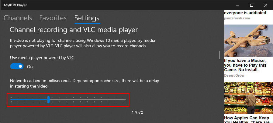 MyIPTV Player highlights the VLC network caching setting