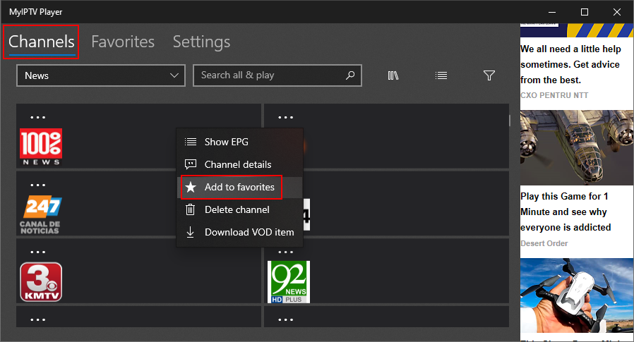 MyIPTV Player shows how to add channels to favorites