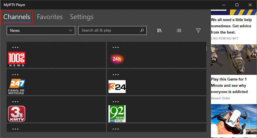 MyIPTV Player highlights the Channels area