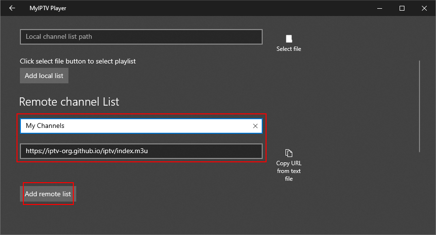 MyIPTV Player highlights the Remote channel list section
