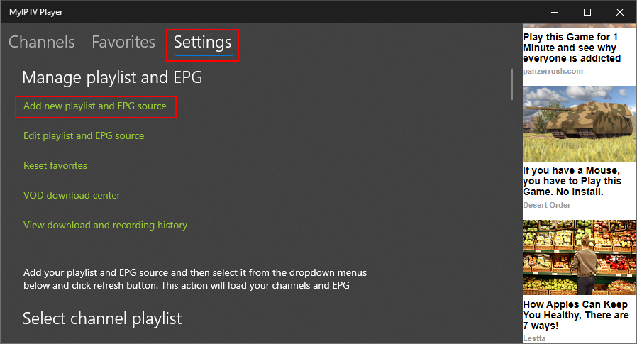 MyIPTV Player highlights the Settings area