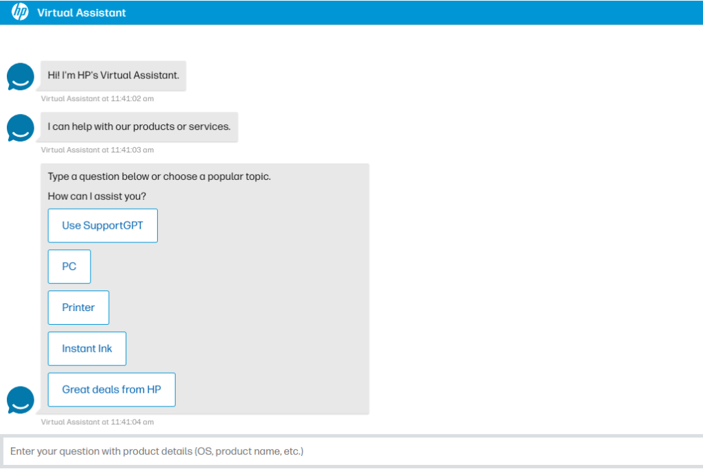 HP's Virtual Assistant displaying popular help topics