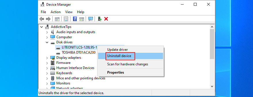 Device Manager shows how to uninstall disk drive