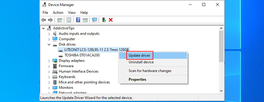 Device Manager shows how to update disk driver