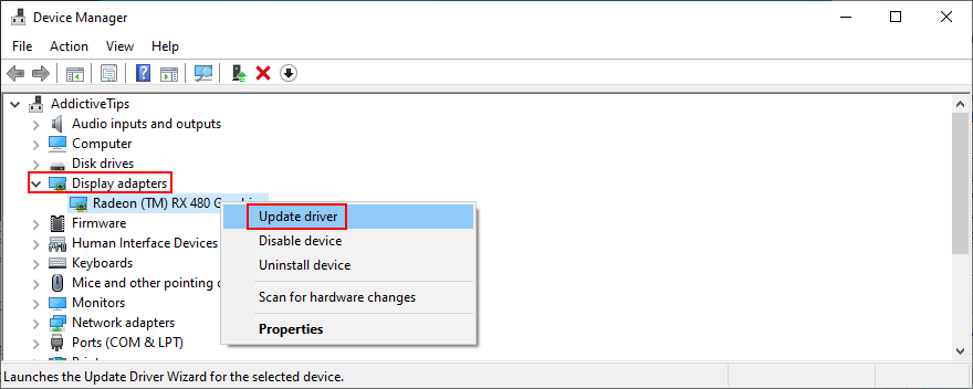 Windows shows how to update display adapter drivers in Device Manager