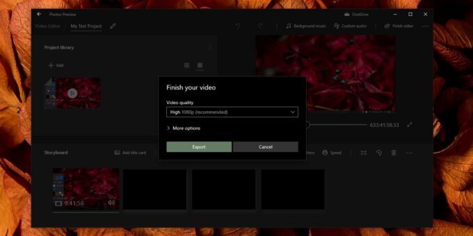 Microsoft Photos app video export stuck