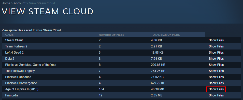  Steam Cloud viser Spilfiler 