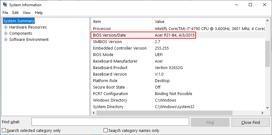 Windows 10 shows how to get your BIOS version from the System Information app