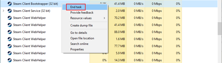 Správce úloh ukazuje, jak ukončit úlohy Steam