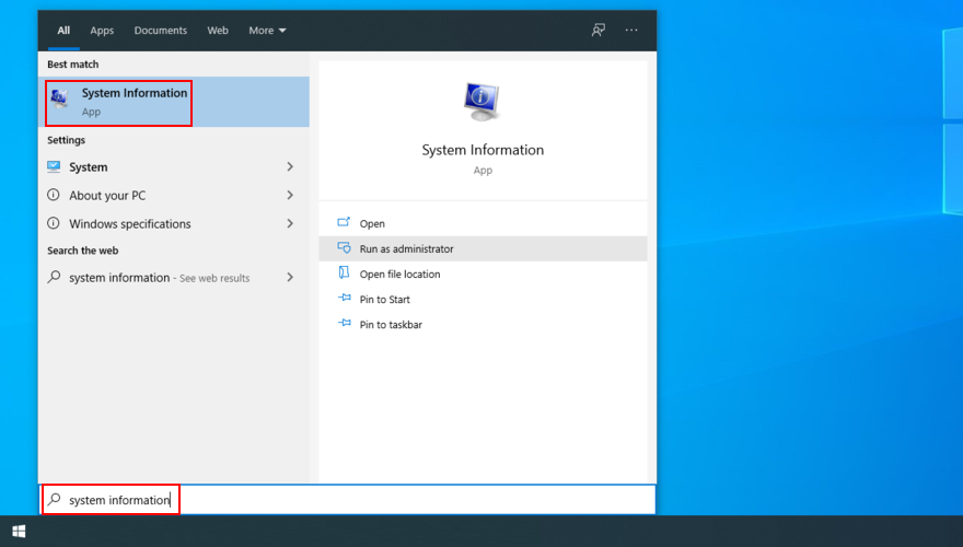 Windows 10 shows how to access the System Information app from the Start menu