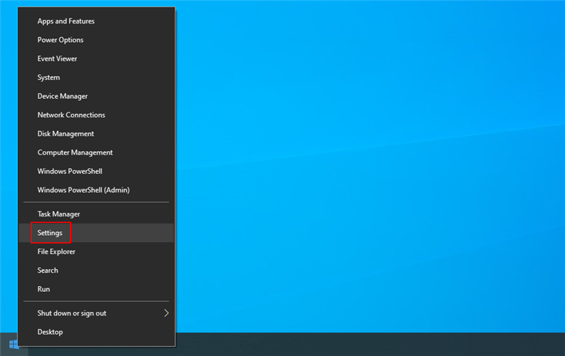 Windows 10 shows how to access settings from the Start right-click menu