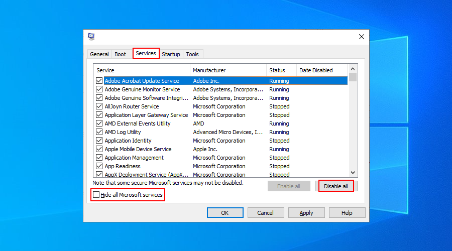 Windows 10 shows how to disable all services