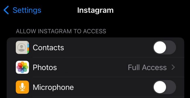 Instagram access menu