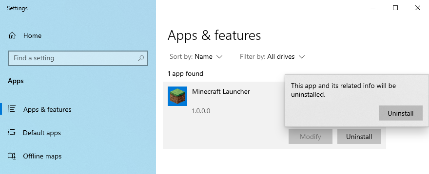 Windows 10 показывает, как удалить Minecraft Launcher