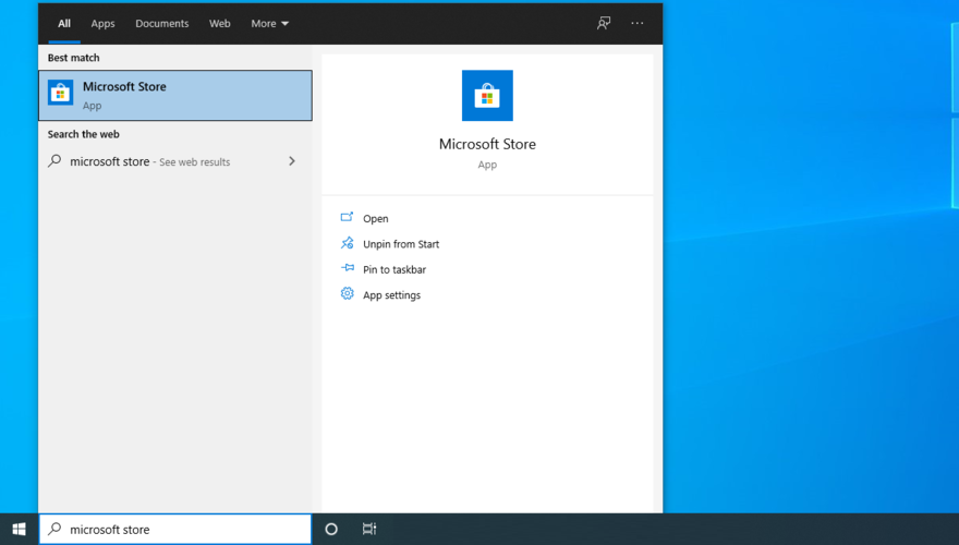 Windows 10 shows how to access Microsoft Store from the Start menu