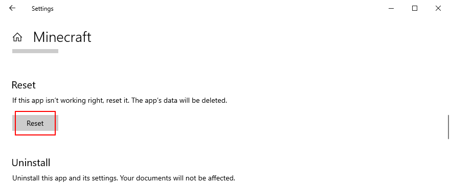 Windows 10 показывает, как сбросить приложение Minecraft
