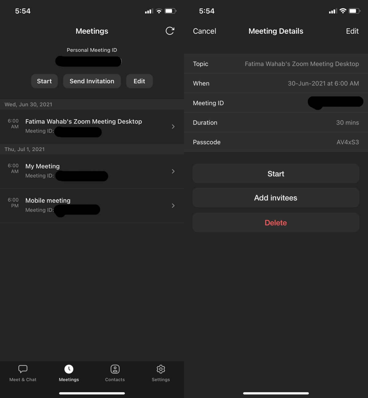 Invite someone to a Zoom meeting scheduled ios
