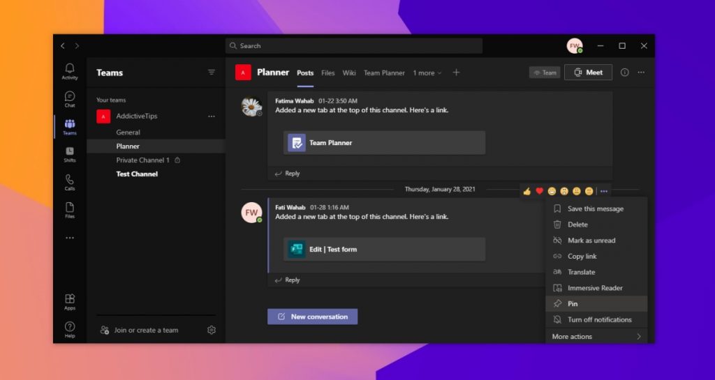 Microsoft Teams Pin posts, channels, video, and files