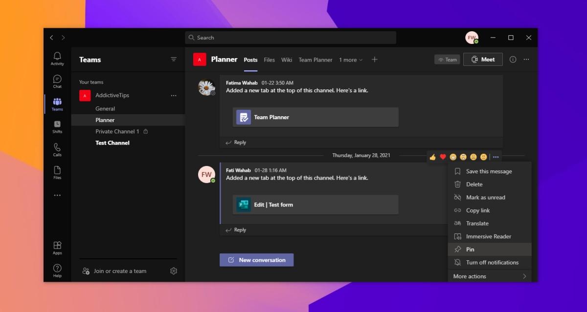 microsoft teams pin post in channel