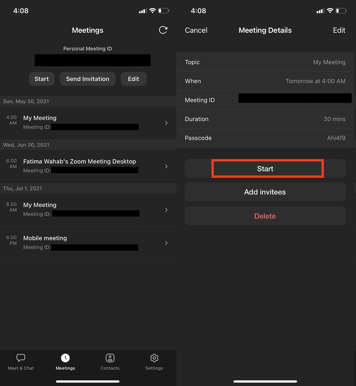Start a Zoom meeting as host mobile