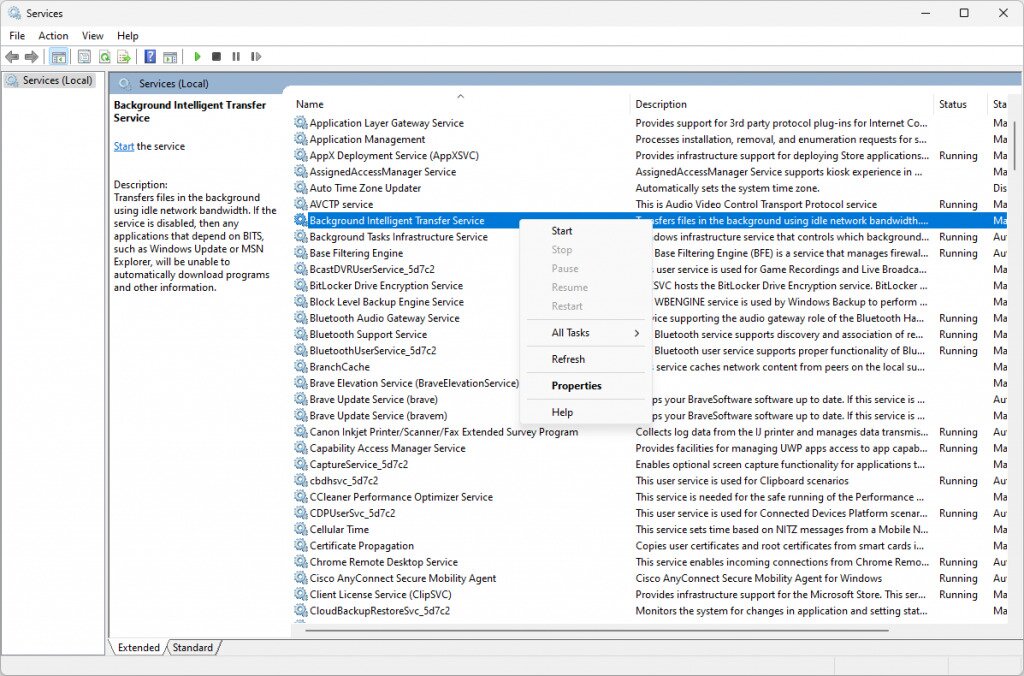 The Start button for a Windows 11 service