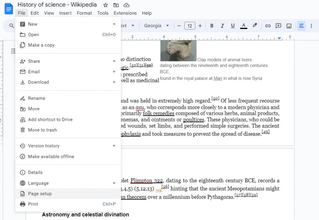 The Google Docs file menu