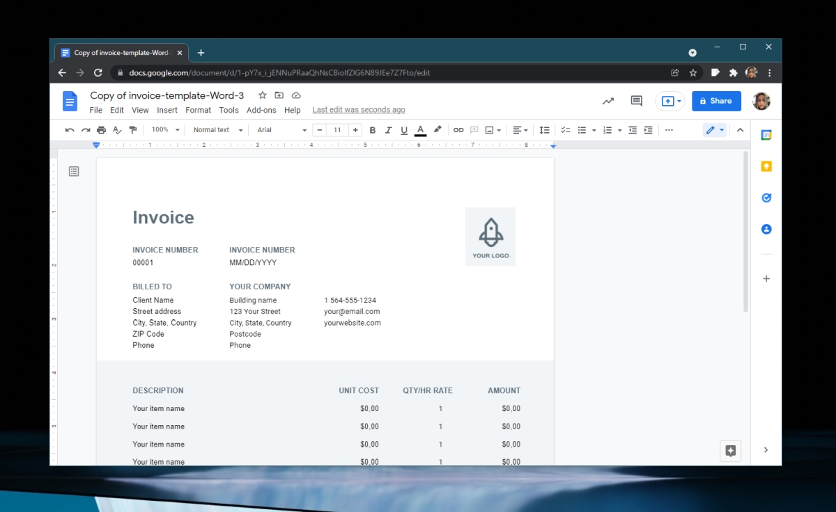 Rechnungsvorlage in Google Docs