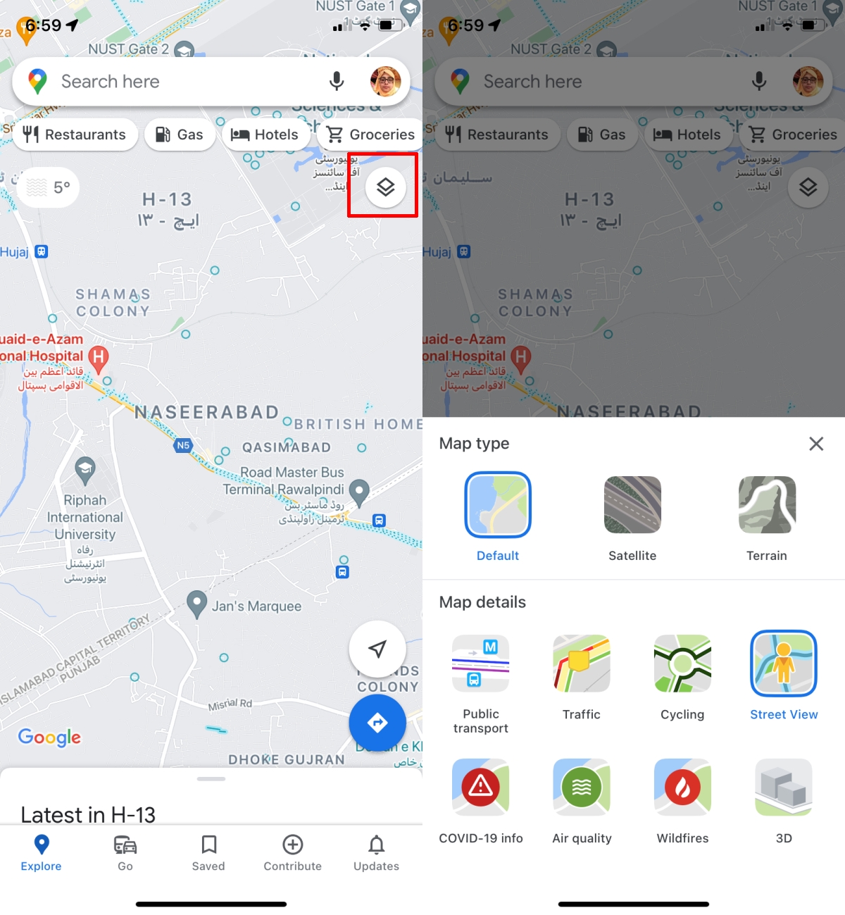 How do I change the view on Google Maps on my iPhone?