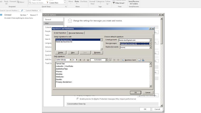 Screenshot che mostra come modificare la firma in Outlook