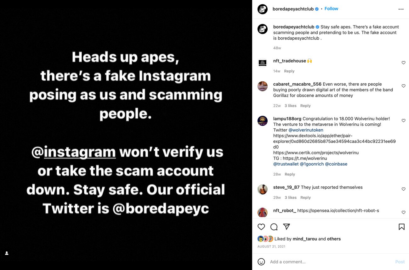 Instagram scam from Bored Ape Yacht Club