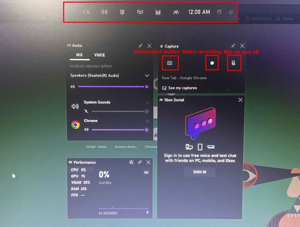 Xbox Game Bar widget menu and capture widget