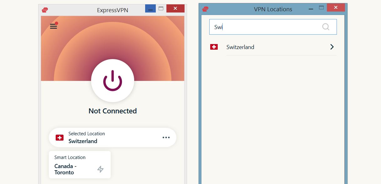expressVPN scegliendo il server svizzera