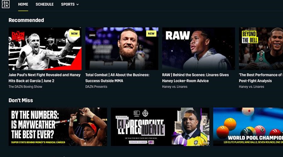 DAZN 2023 homepage