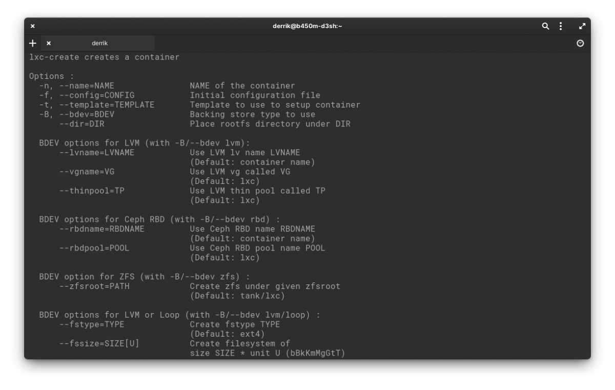 LXC container engine's help page.