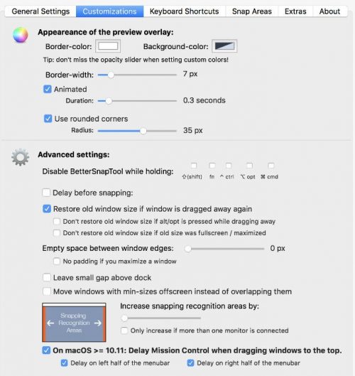 Bettersnaptool customizations menu