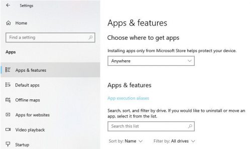 Windows apps and features menu