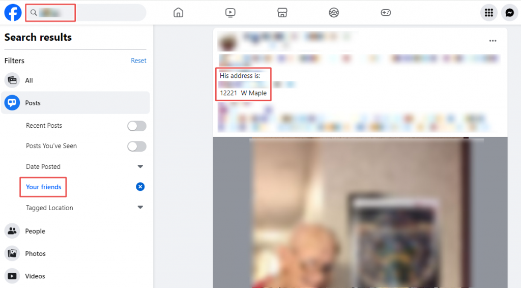 An address search on Facebook