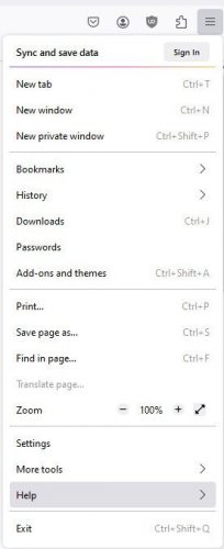 Firefox help menu