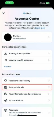 Personal Details in Instagram Account Centre